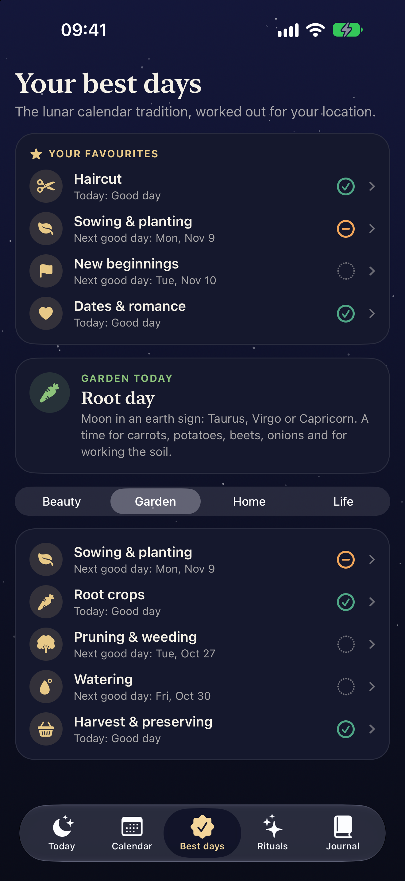 Lunula Best days screen showing traditional gardening and everyday activity guidance