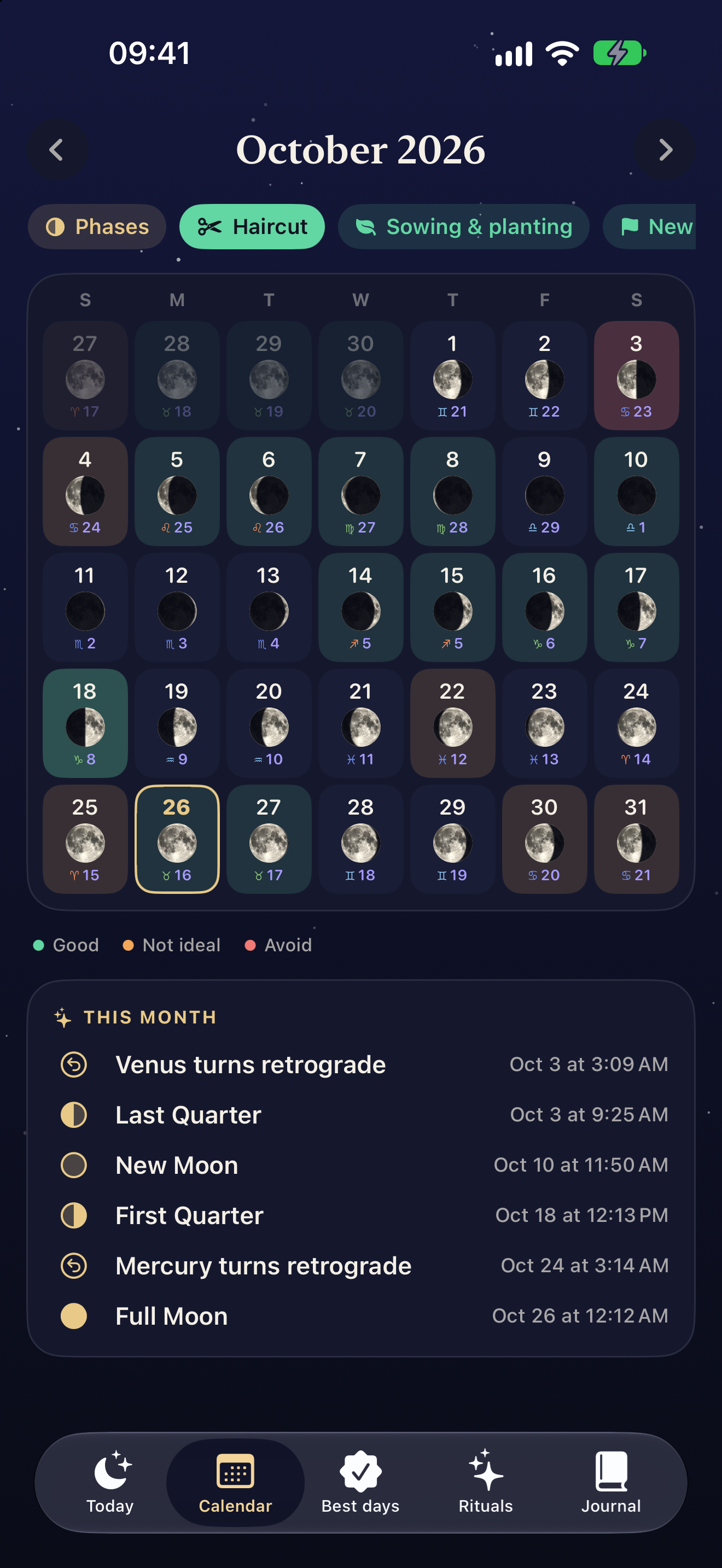 Lunula monthly calendar with Moon phases and an activity filter